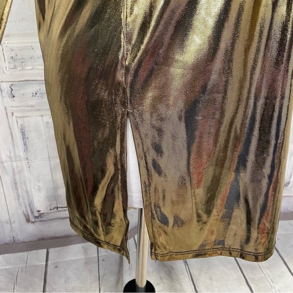 Michael Kors Gold Black Long Sleeve Cold Shoulder Shirt Long Sleeve Blouse Foil - Picture 5 of 12